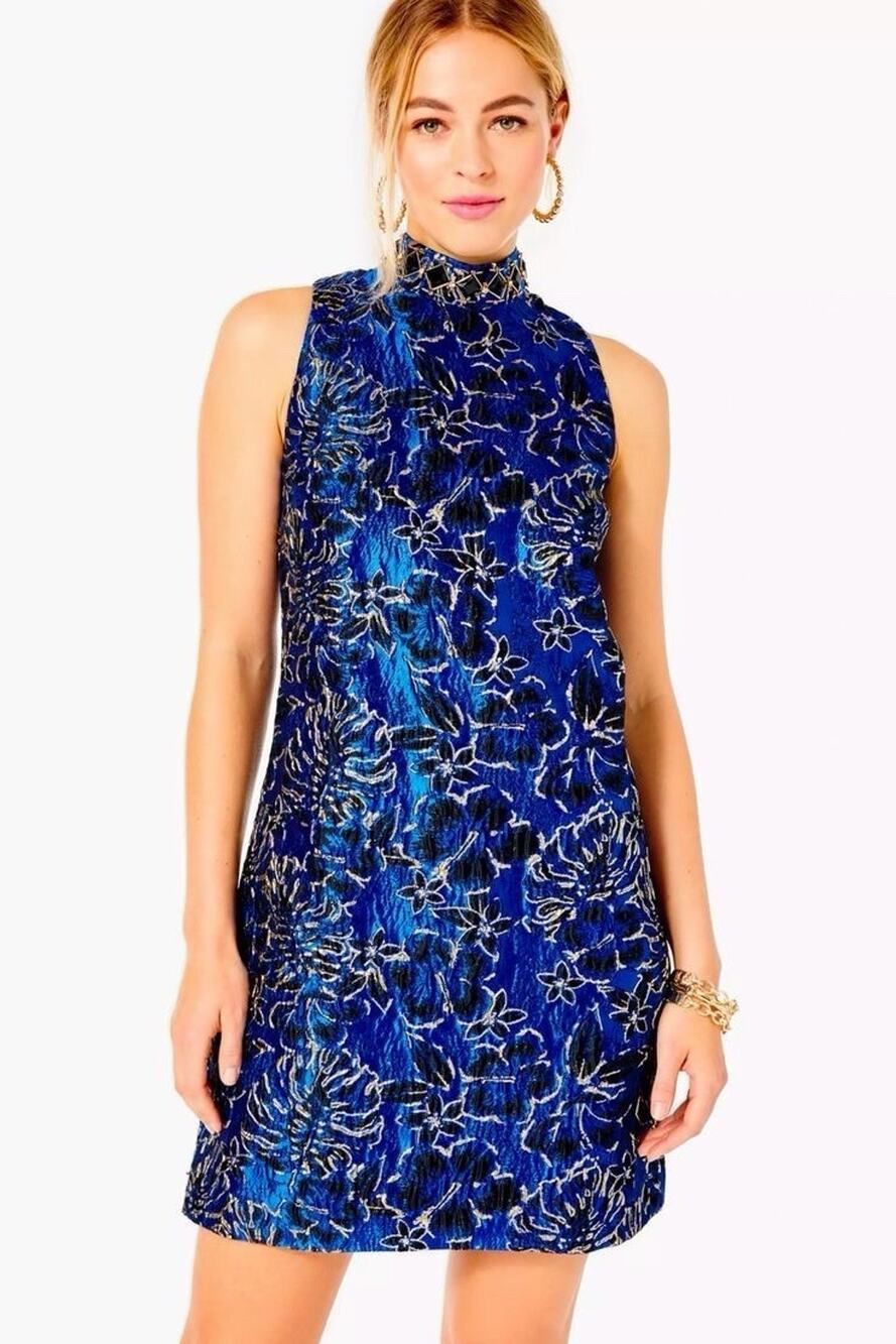 $278 Lilly Pulitzer Brandi Shift Dress Blue Grotto Floral Twilight Brocade Sz 4